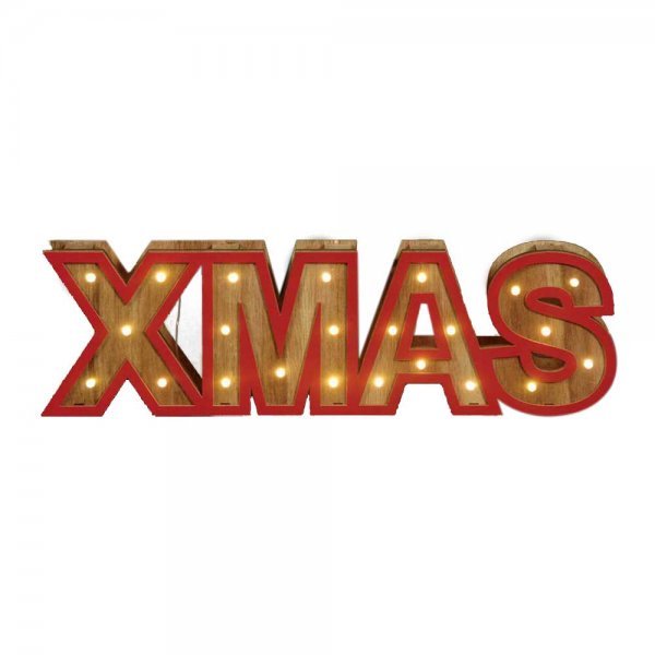 Χριστουγεννιάτικη Διακοσμητική Ξύλινη Επιγραφή "XMAS", με Κόκκινο Περίγραμμα και 23 LED (43cm)